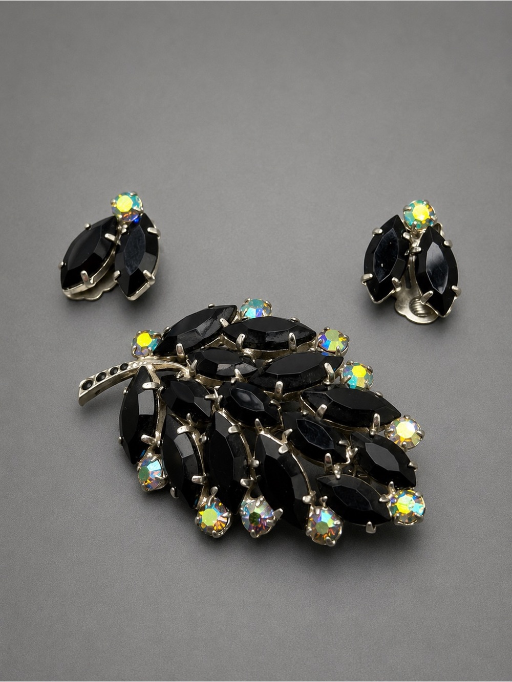 Vintage Black Marquise Crystal Leaf Brooch and Earring Set #82set